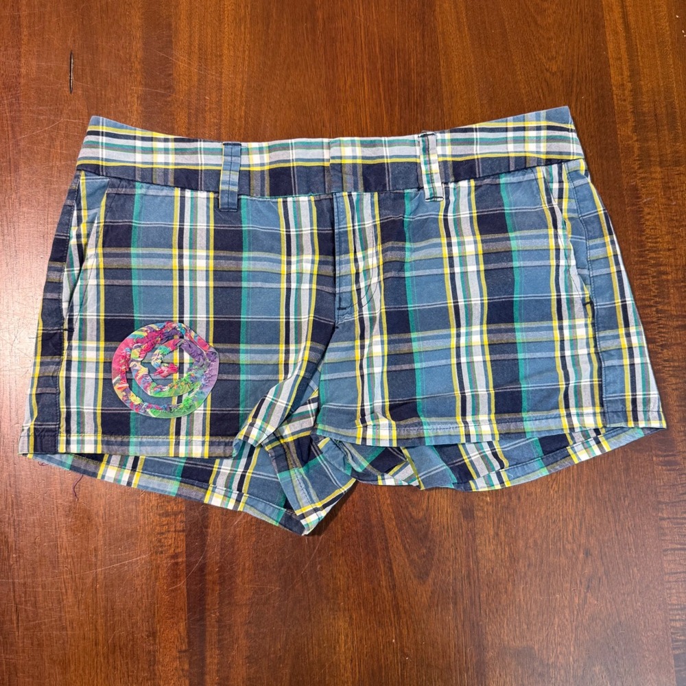 Vtg Y2K Old Navy Low Rise Plaid Shorts 1 Blue Cotton Spiral Patch Preppy Indie